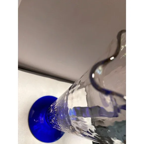 Vintage MCM Clear Glass Pitcher with Cobalt Blue Handle - Picture 5 of 11